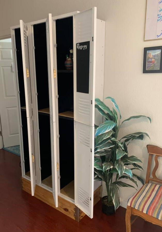 Black interior with wood lined shelves